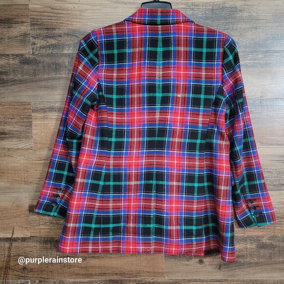 Talbots Blazer 8 Tartan Plaid Wool Blend Sequins Open Front Button Accents NWOT - Picture 2 of 10